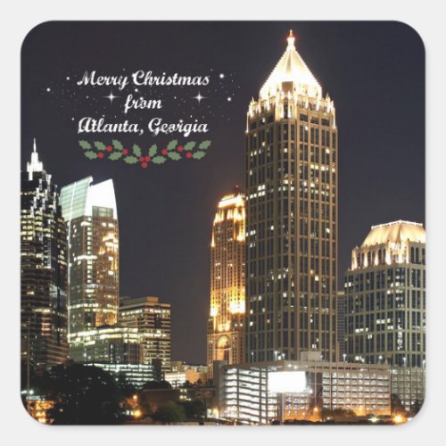 "Merry Christmas," Atlanta, Georgia Skyline Square Sticker