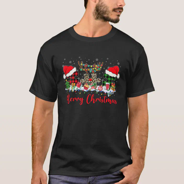 Christmas Autism Awareness Merry Christmas Autism Leopard Plaid Autism T-Shirt