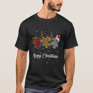 Merry Christmas Autism Puzzle Leopard Santa Hat Co T-Shirt