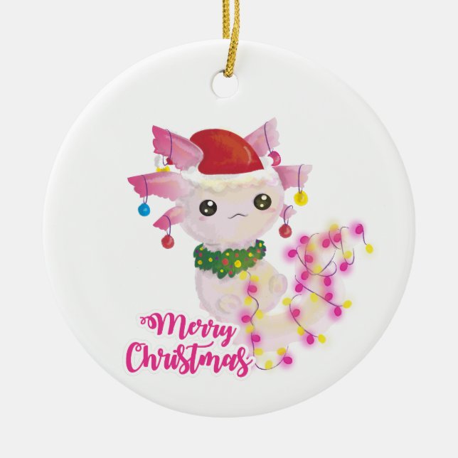merry christmas axolotl santa ceramic ornament (Front)