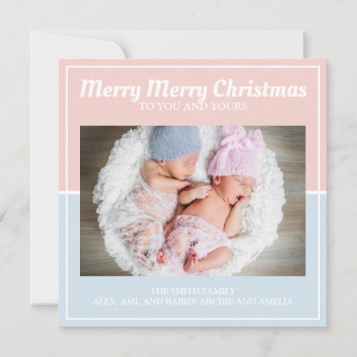 Merry Christmas Baby Blue Pink Boy Girl Twins Holiday Card