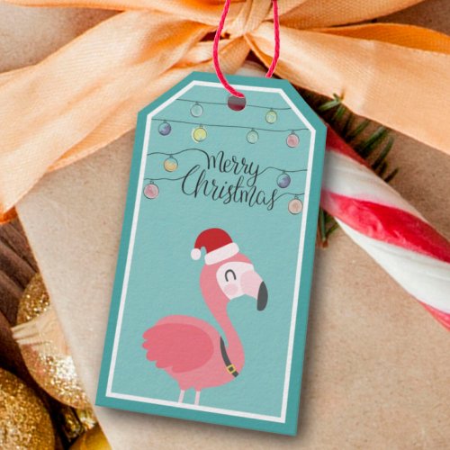 Merry Christmas Baby flamingo red hat and lights Gift Tags