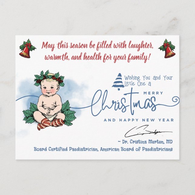 Merry Christmas Baby Greeting from Pediatrician Holiday Postcard (Front)