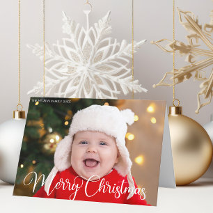 Merry Christmas Baby Photo Chic White Calligraphy Holiday Card
