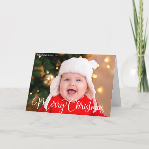 Merry Christmas Baby Photo Chic White Calligraphy Holiday Card