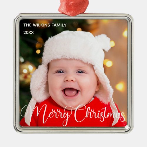 Merry Christmas Baby Photo Elegant White Script Metal Ornament