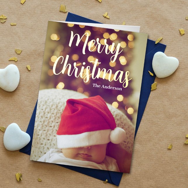 Merry Christmas Baby Photo Real Gold Foil Greeting Card (Enhance holiday wishes with our photo card, featuring "Merry Christmas" in gold foil for added charm)