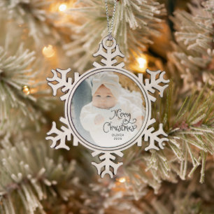 Merry Christmas Baby Photo Snowflake Pewter Christmas Ornament