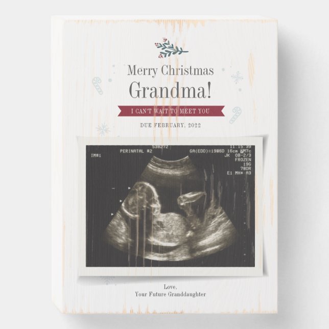 Merry Christmas Baby Sonograph Photo Grandma Wooden Box Sign (Front Vertical)
