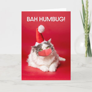 Merry Christmas Bah Humbug Cat in Face Mask Holiday Card