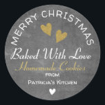 Merry Christmas Baked With Love Cookies Chalkboard Classic Round Sticker<br><div class="desc">Baked With love stickers for your homemade cookies gift bags this holiday season. Personalize with your name.</div>