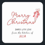 Merry Christmas Baked with Love Holiday Square Sticker<br><div class="desc">Personalized Merry Christmas  featuring cute watercolor illustration piping bag with red bow.</div>