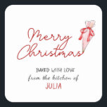 Merry Christmas Baked with Love Holiday Square Sticker<br><div class="desc">Personalized Merry Christmas  featuring cute watercolor illustration piping bag with red bow.</div>