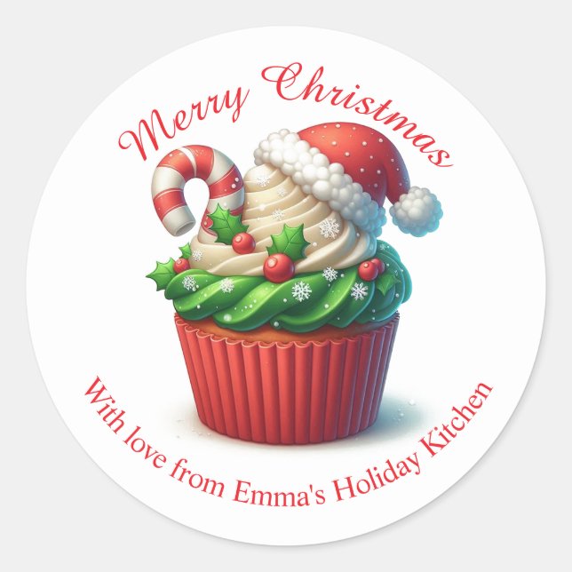 Merry Christmas Bakery Cupcake Red Green Sticker (Front)