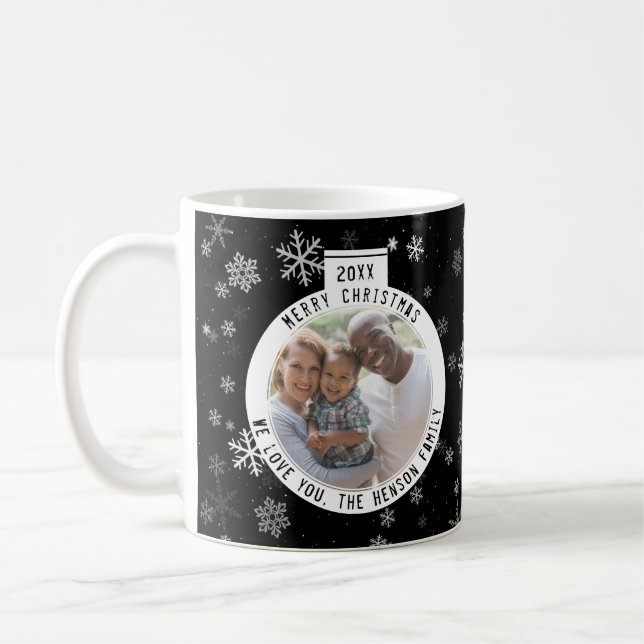 Merry Christmas Ball Black and White Snowflake Coffee Mug (Left)