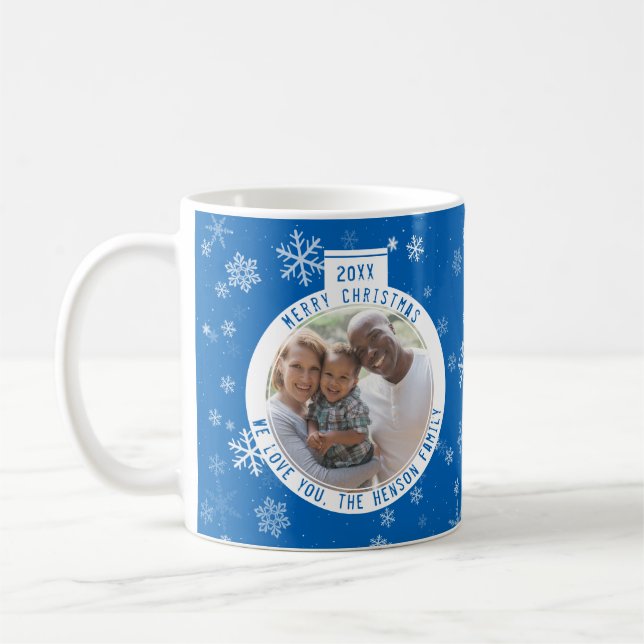 Merry Christmas Ball Blue Snowflake Holiday Coffee Mug (Left)
