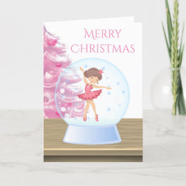 Merry Christmas Ballerina Snow Globe Pink, White Holiday Card