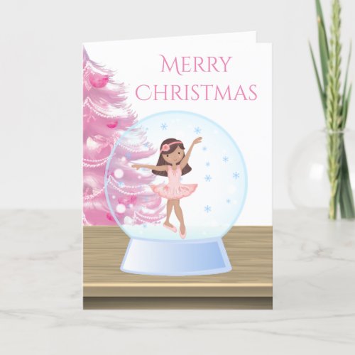 Merry Christmas Ballerina Snow Globe Pink White Holiday Card