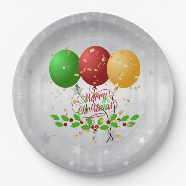 Merry Christmas Balloons and Confetti Paper Plates (Front)