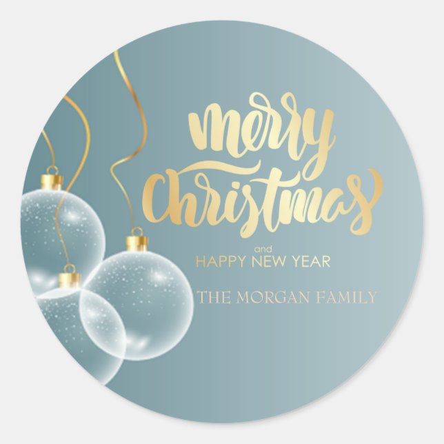 Merry Christmas Balls Blue Holiday Classic Round Sticker (Front)
