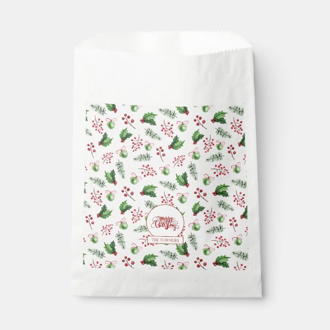 Merry Christmas Balls Holly Berries Pine Monogram Favor Bag (Front)
