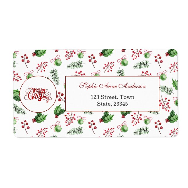 Merry Christmas Balls Holly Berries Pine Monogram Label (Front)