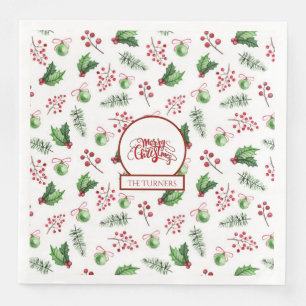Merry Christmas Balls Holly Berries Pine Monogram Paper Dinner Napkins