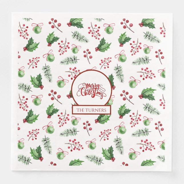 Merry Christmas Balls Holly Berries Pine Monogram Paper Dinner Napkins (Front)