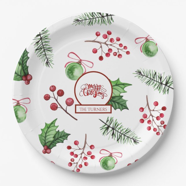 Merry Christmas Balls Holly Berries Pine Monogram Paper Plates (Front)
