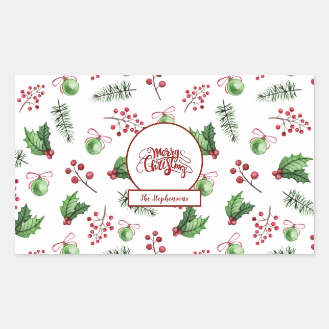 Merry Christmas Balls Holly Berries Pine Monogram Rectangular Sticker (Front)