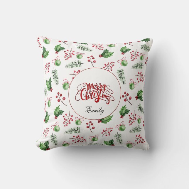 Merry Christmas Balls Holly Berries Pine Monogram Throw Pillow (Front)