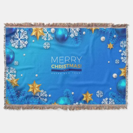 Merry Christmas Balls Snowflakes Stars Blue Gold Throw Blanket