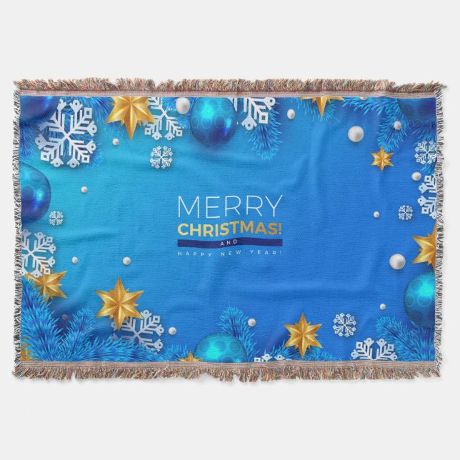 Merry Christmas Balls Snowflakes Stars Blue Gold Throw Blanket (Front)
