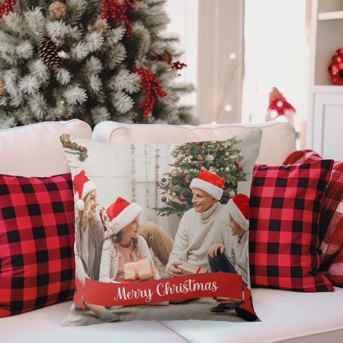 Merry Christmas Banner Custom Photo Throw Pillow