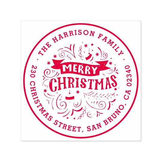 Merry Christmas Banner Round Name &amp; Return Address Self-inking Stamp