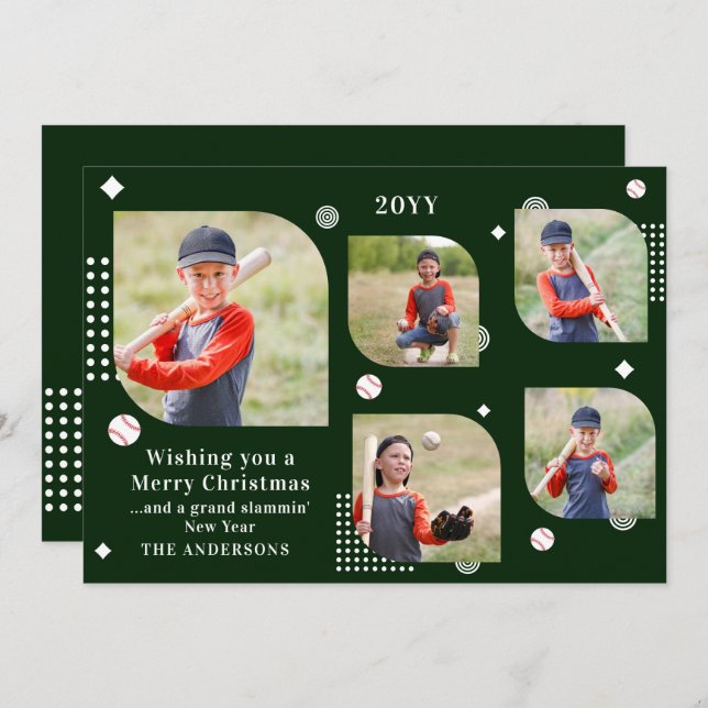 Merry Christmas Baseball Sport 5 Photo Family Name (Front/Back)
