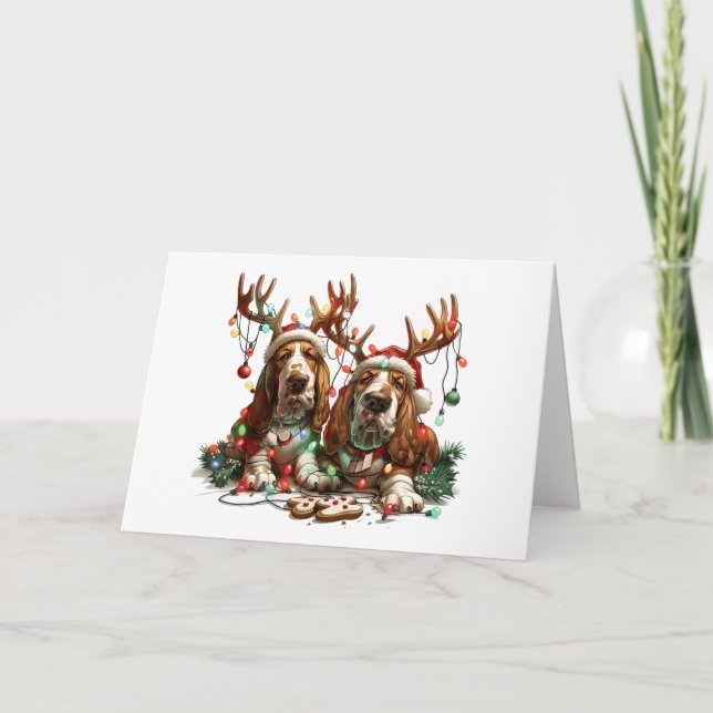 Merry Christmas Basset Hound Dogs Holiday Card (Front)