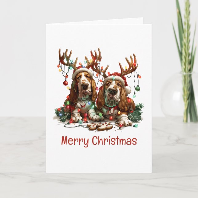 Merry Christmas Basset Hound Dogs Holiday Card (Front)