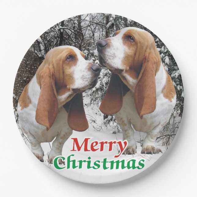 Merry Christmas Basset Hounds Paper Plates (Front)