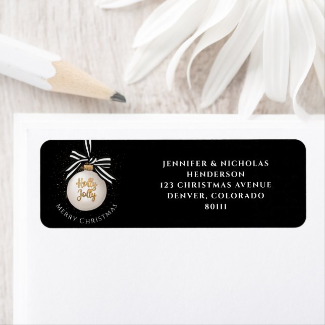 Merry Christmas Bauble Black And White Address Label (Insitu)