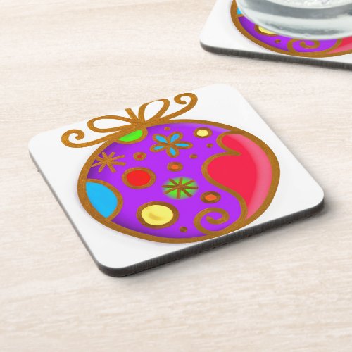 Merry Christmas Bauble Colorful Purple Red Beverage Coaster