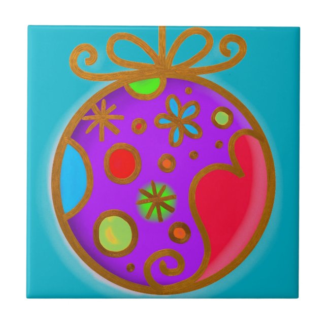 Merry Christmas Bauble Colorful Purple Red Tile (Front)