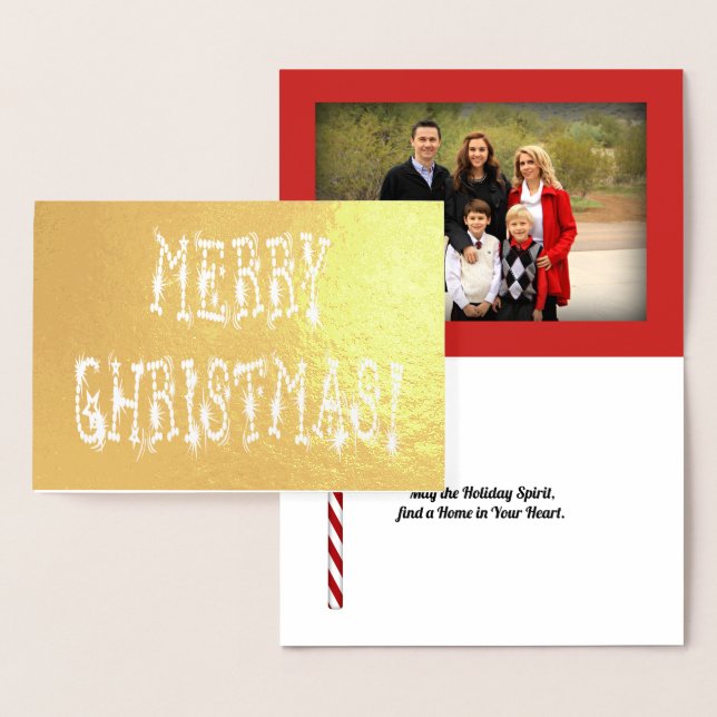 Merry Christmas Bauble Stars Font and Custom Photo Foil Card (Display)