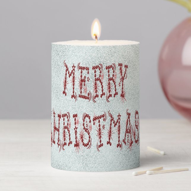 Merry Christmas Bauble & Stars Light Blue Glitter Pillar Candle (In Situ)