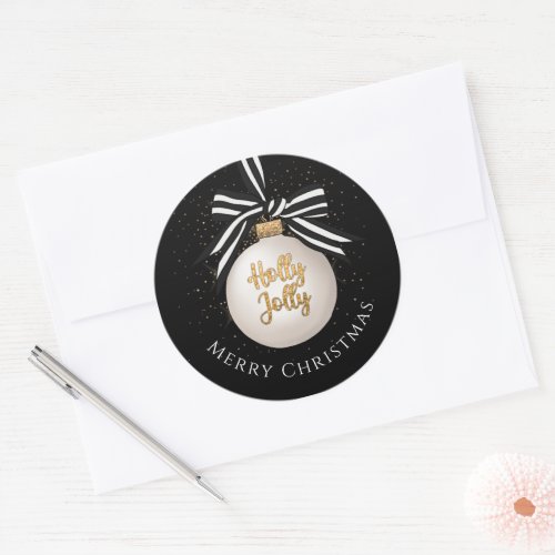 Merry Christmas Bauble White Black Classic Round Sticker