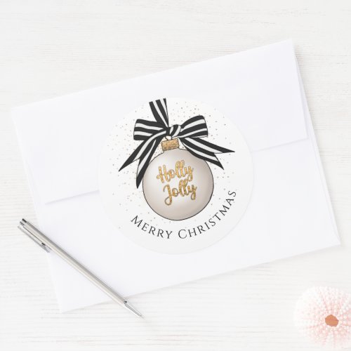 Merry Christmas Bauble White Black Classic Round Sticker