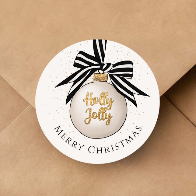 Merry Christmas Bauble White Black Classic Round Sticker (Merry Christmas Bauble White Black Classic Round Sticker)