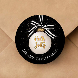 Merry Christmas Bauble White Black Classic Round Sticker