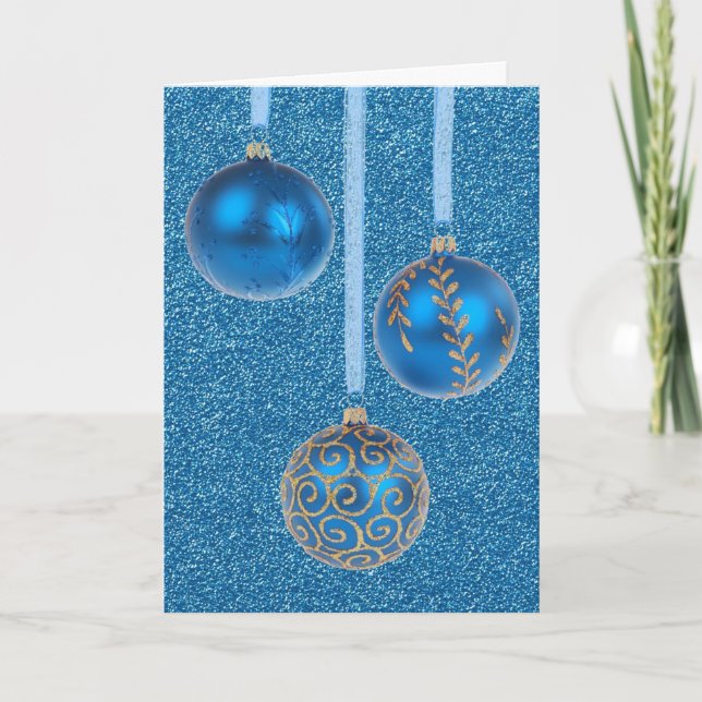 Merry Christmas Baubles Gold Blue Glitter Holiday Card (Front)