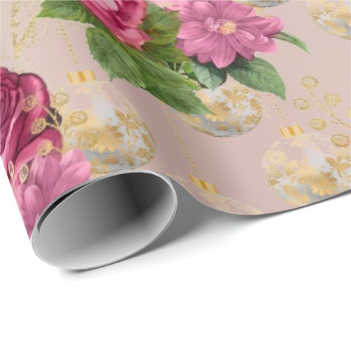 Merry Christmas Baubles  Rose Gold Pink Blus Wrapping Paper